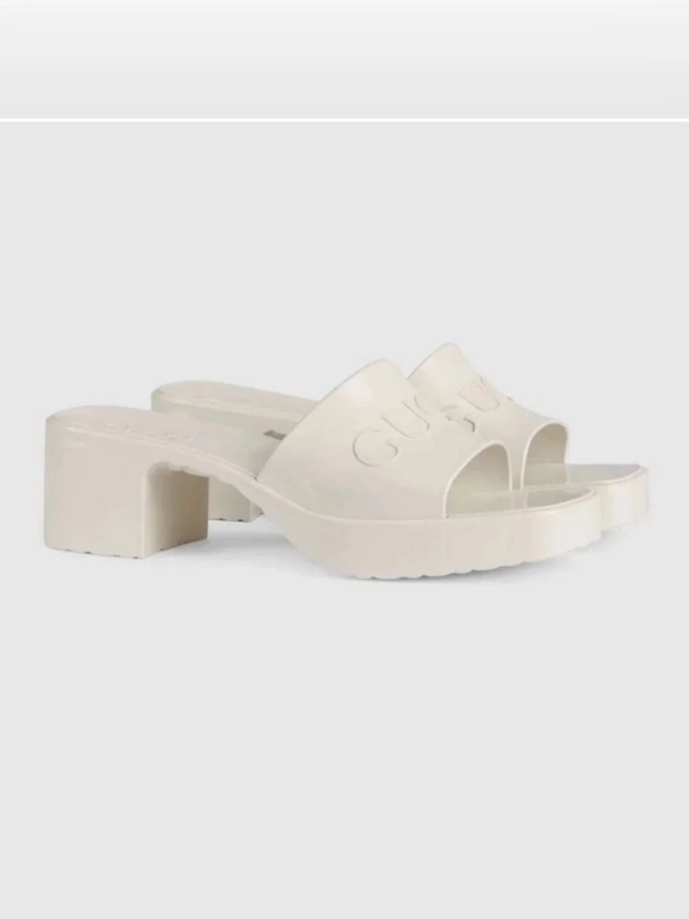 Gucci Womens Block Heel Platform Logo Rubber Slide Sandals Cream Size 38
